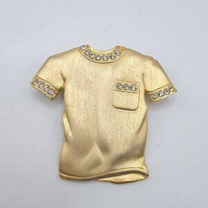 Signed‎ J J Jonette Vintage Pin Brooch Gold Tone T Shirt Top Rhinestones